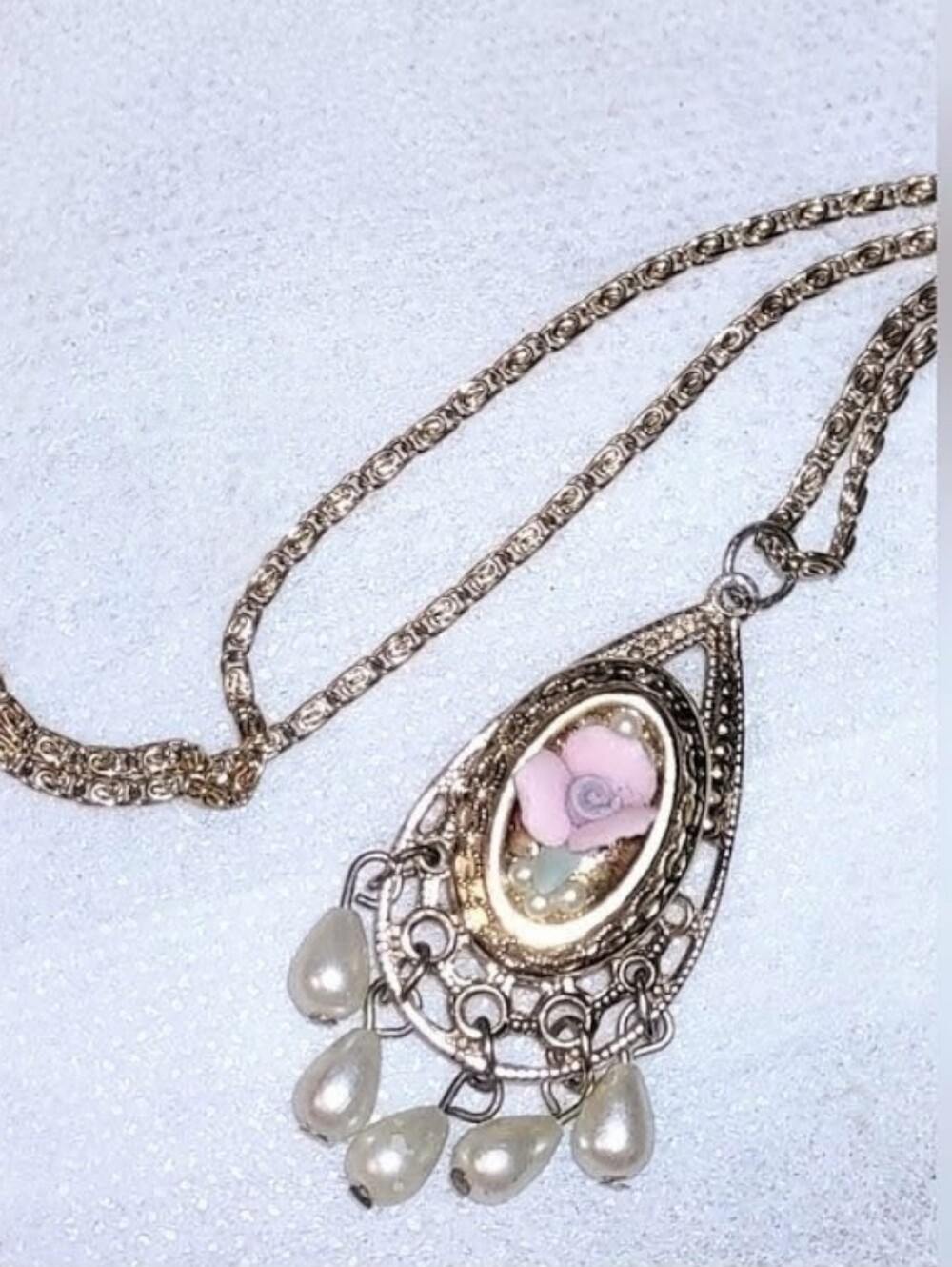 French Victorian Porcelain Flower Pendant Necklace